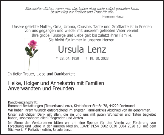 Traueranzeige von Ursula Lenz von Tageszeitung