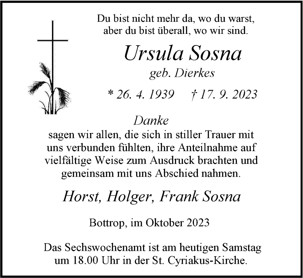  Traueranzeige für Ursula Sosna vom 21.10.2023 aus Tageszeitung