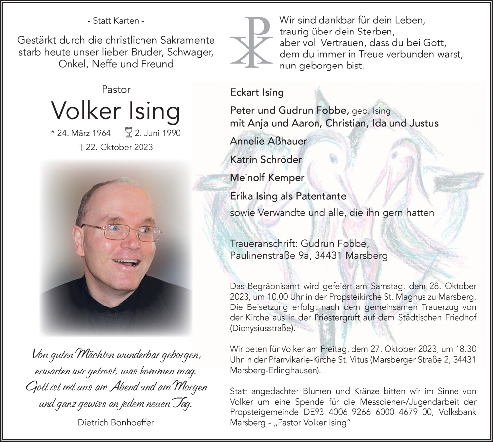  Traueranzeige für Volker Ising vom 25.10.2023 aus Tageszeitung