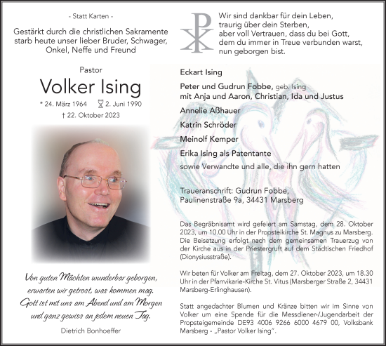 Traueranzeige von Volker Ising von Tageszeitung