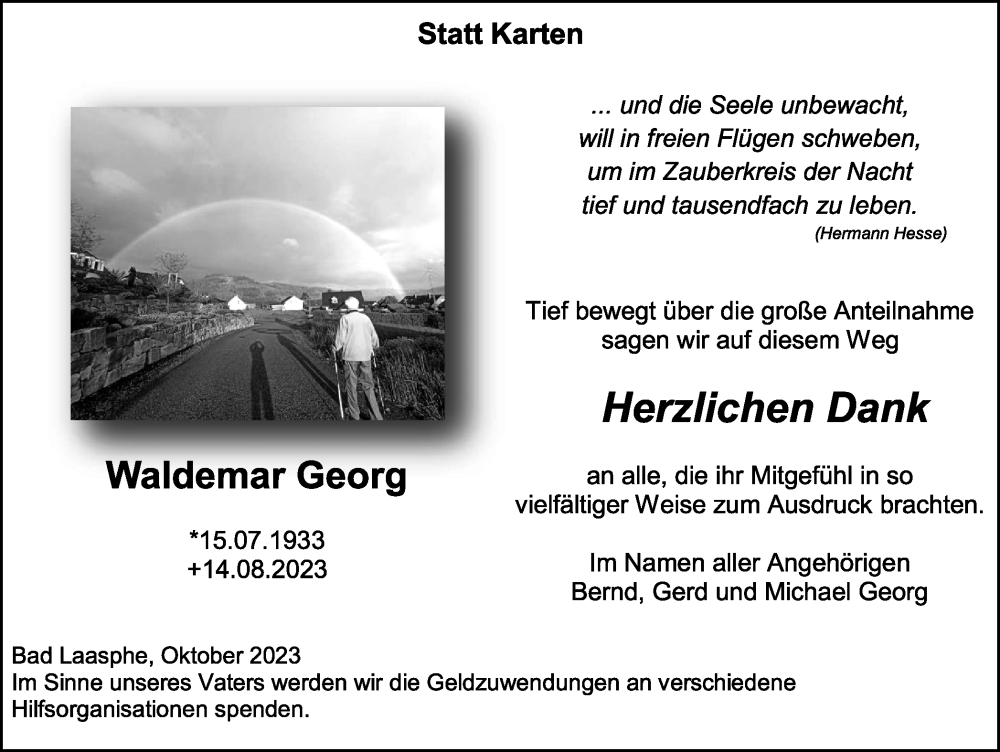  Traueranzeige für Waldemar Georg vom 21.10.2023 aus Tageszeitung