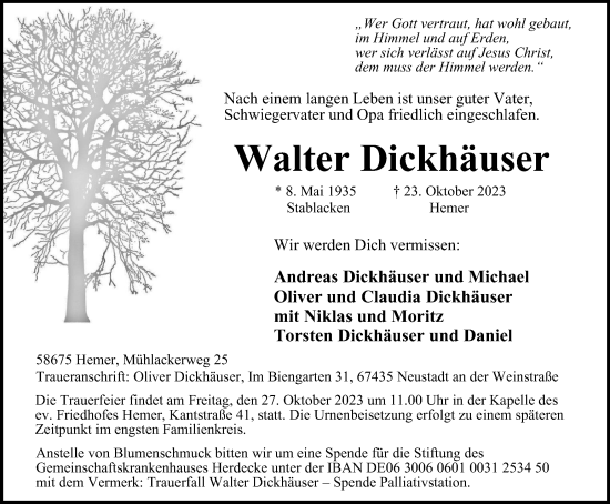 Traueranzeige von Walter Dickhäuser von Tageszeitung