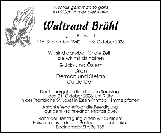 Traueranzeige von Waltraud Brühl von Tageszeitung