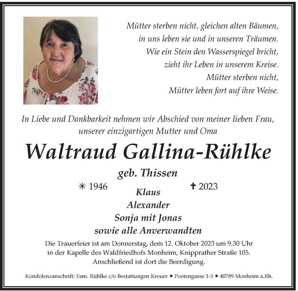  Traueranzeige für Waltraud Gallina-Rühlke vom 07.10.2023 aus Tageszeitung
