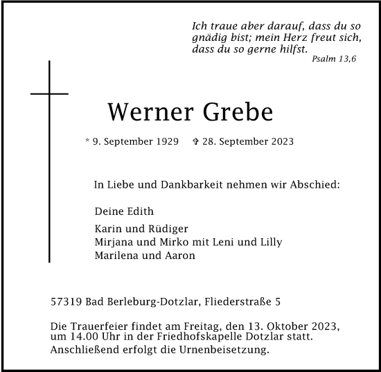 Traueranzeige von Werner Grebe von Tageszeitung