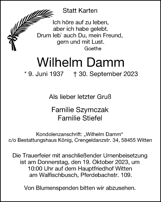 Traueranzeige von Wilhelm Damm von Tageszeitung