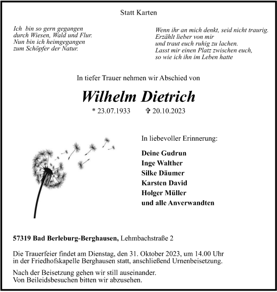 Traueranzeige von Wilhelm Dietrich von Tageszeitung