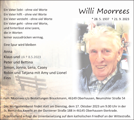 Traueranzeige von Willi Moorrees von Tageszeitung