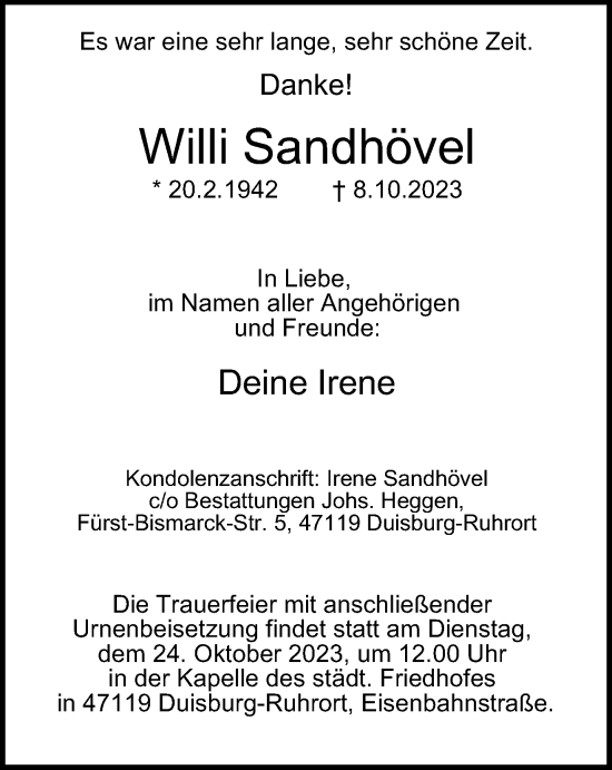 Traueranzeige von Willi Sandhövel von Tageszeitung