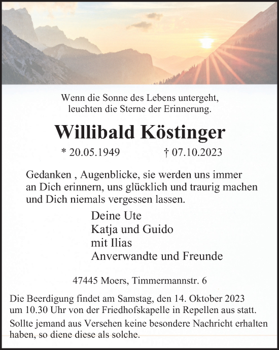 Traueranzeige von Willibald Köstinger von Tageszeitung