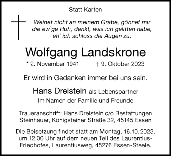 Traueranzeige von Wolfgang Landskrone von Tageszeitung
