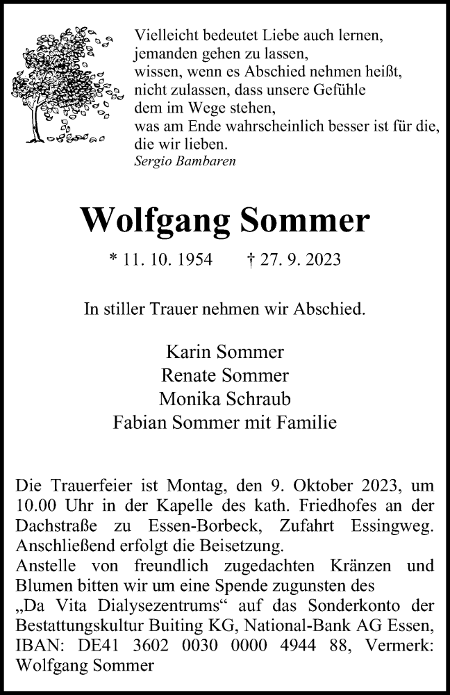  Traueranzeige für Wolfgang Sommer vom 07.10.2023 aus Tageszeitung