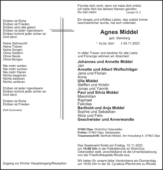 Traueranzeige von Agnes Middel von Tageszeitung