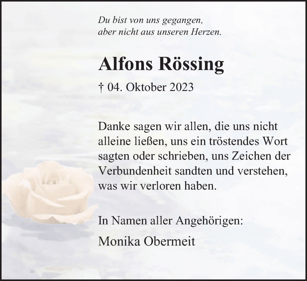  Traueranzeige für Alfons Rössing vom 04.11.2023 aus Tageszeitung