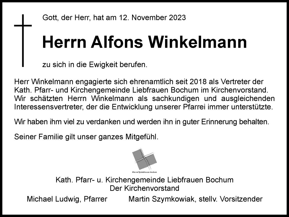  Traueranzeige für Alfons Winkelmann vom 18.11.2023 aus Tageszeitung