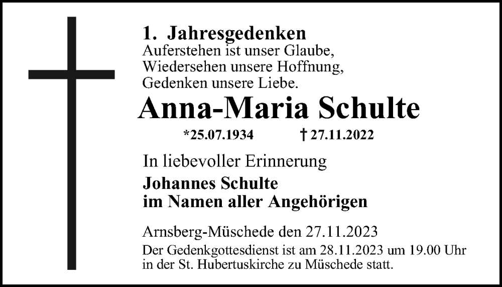  Traueranzeige für Anna-Maria Schulte vom 25.11.2023 aus Tageszeitung