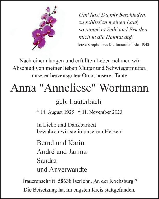Traueranzeige von Anna  Wortmann von Tageszeitung
