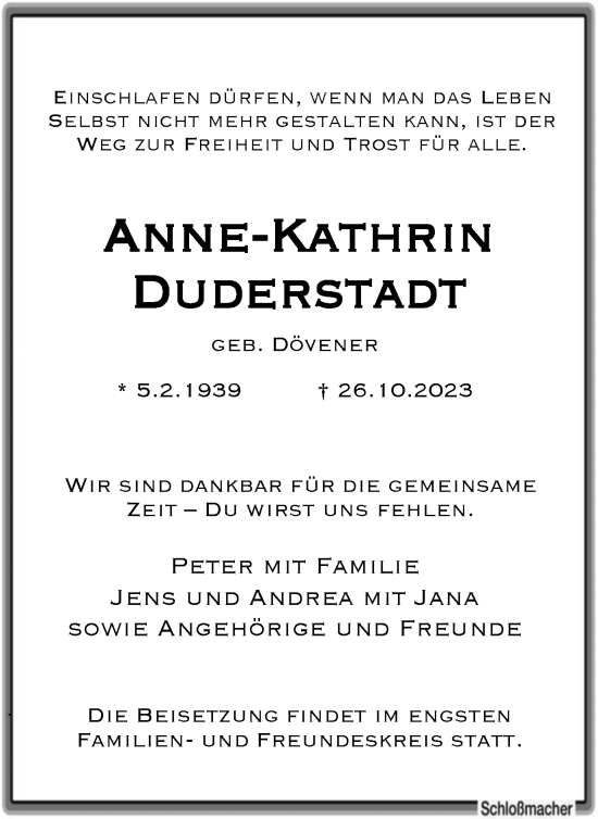 Traueranzeige von Anne-Kathrin Duderstadt von Tageszeitung