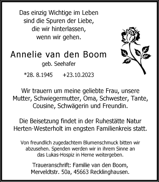 Traueranzeige von Annelie van den Boom von Tageszeitung