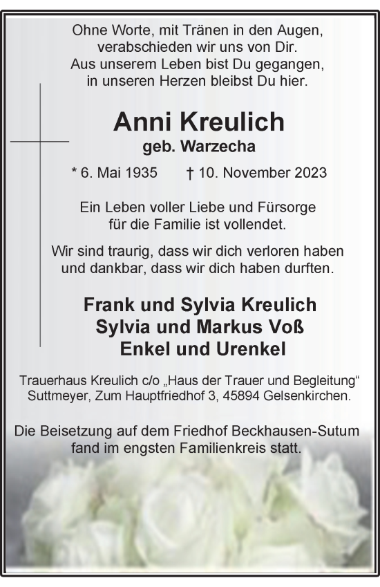 Traueranzeige von Anni Kreulich von Tageszeitung