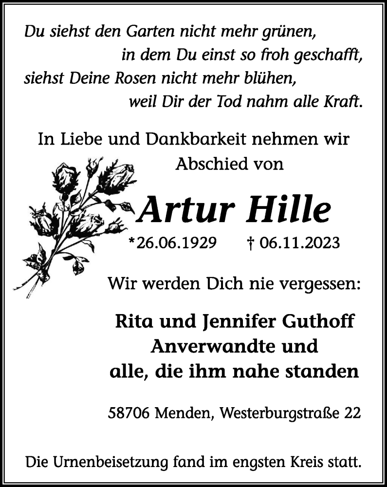  Traueranzeige für Artur Hille vom 18.11.2023 aus Tageszeitung