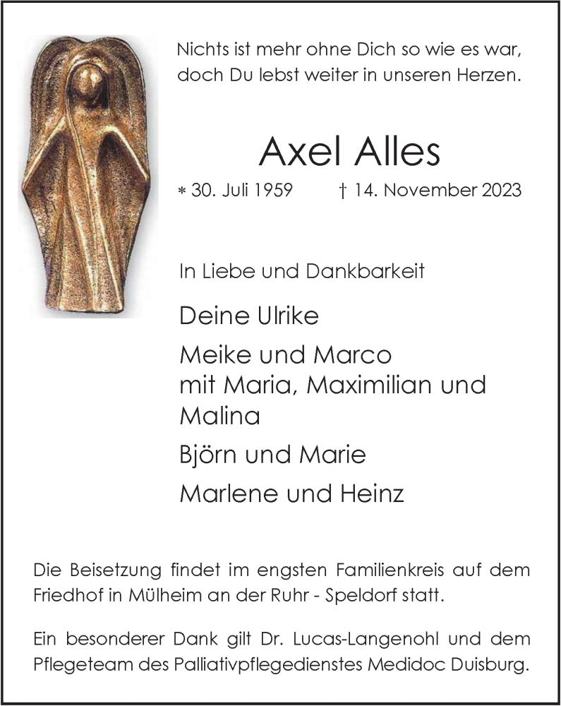  Traueranzeige für Axel Alles vom 18.11.2023 aus Tageszeitung