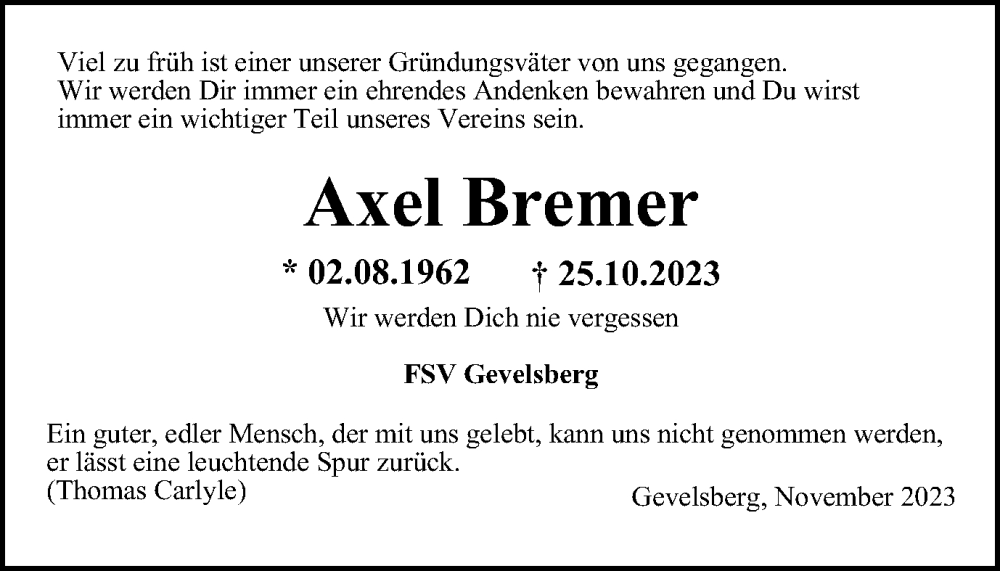  Traueranzeige für Axel Bremer vom 11.11.2023 aus Tageszeitung