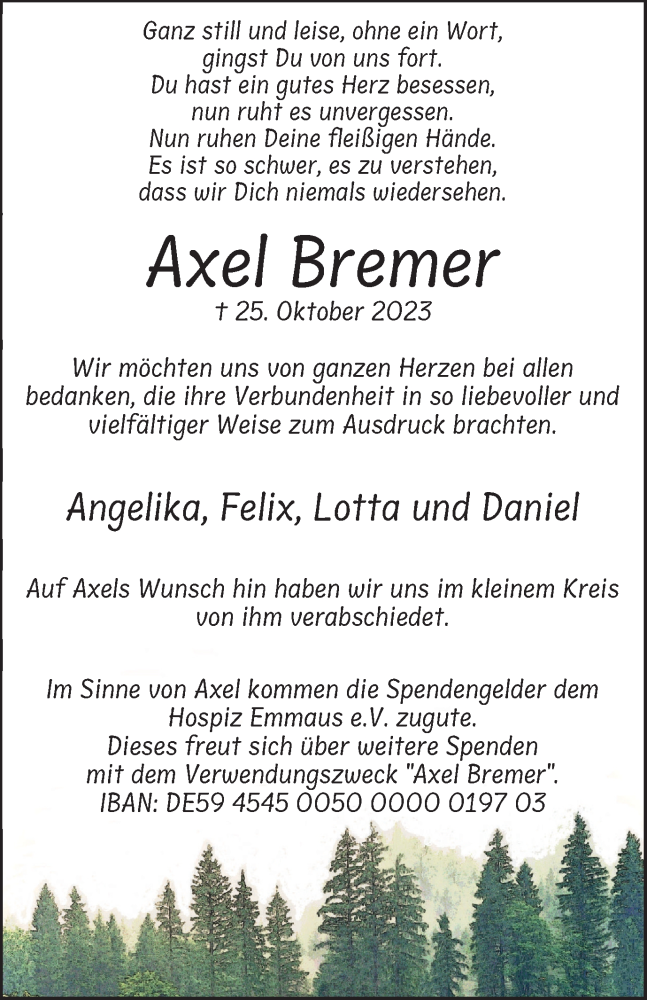  Traueranzeige für Axel Bremer vom 18.11.2023 aus Tageszeitung