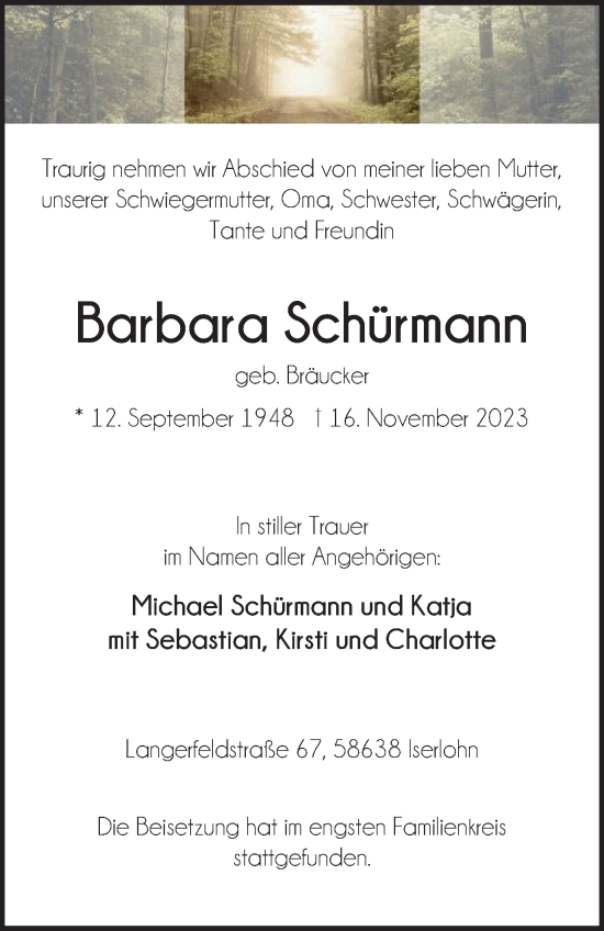 Traueranzeige von Barbara Schürmann von Tageszeitung
