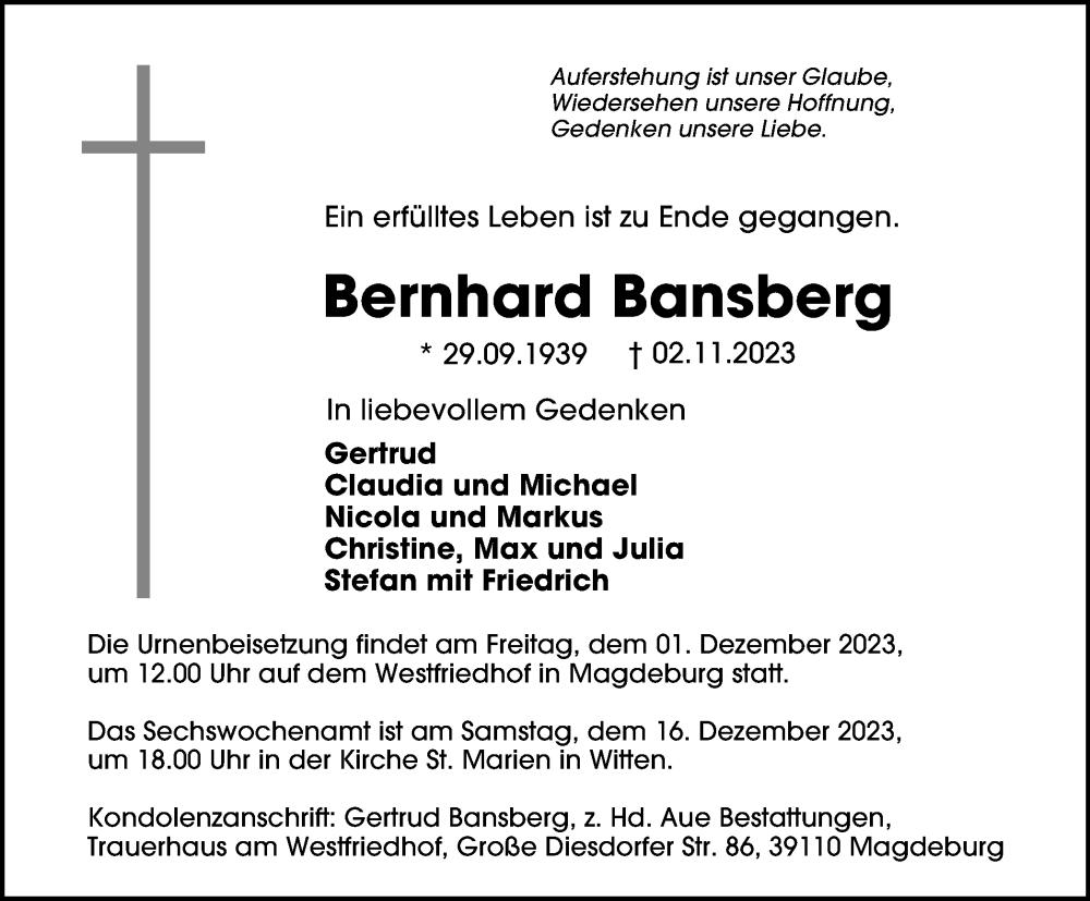  Traueranzeige für Bernhard Bansberg vom 25.11.2023 aus Tageszeitung