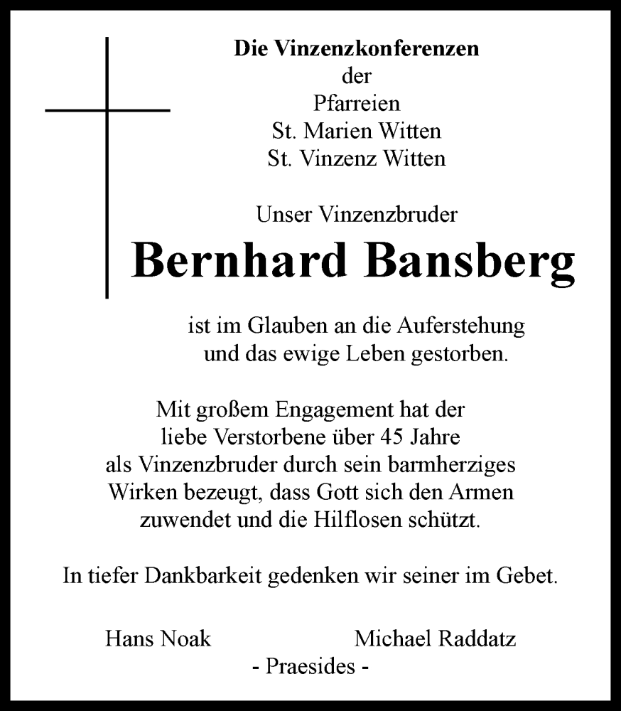  Traueranzeige für Bernhard Bansberg vom 25.11.2023 aus Tageszeitung