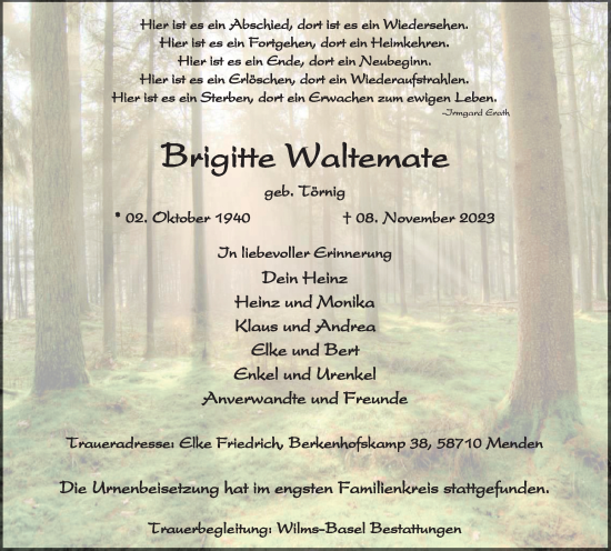 Traueranzeige von Brigitte Waltemate von Tageszeitung