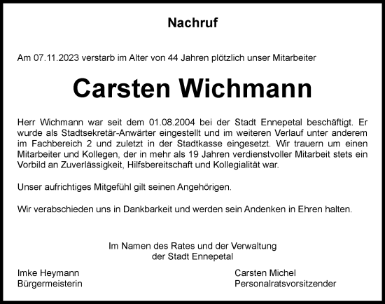 Traueranzeige von Carsten Wichmann von Tageszeitung