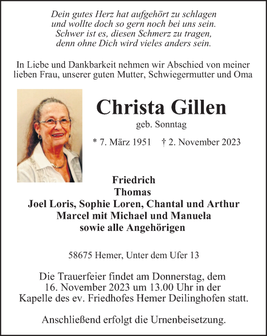 Traueranzeige von Christa Gillen von Tageszeitung