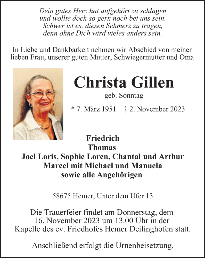  Traueranzeige für Christa Gillen vom 11.11.2023 aus Tageszeitung