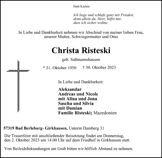 Traueranzeige von Christa Risteski von Tageszeitung