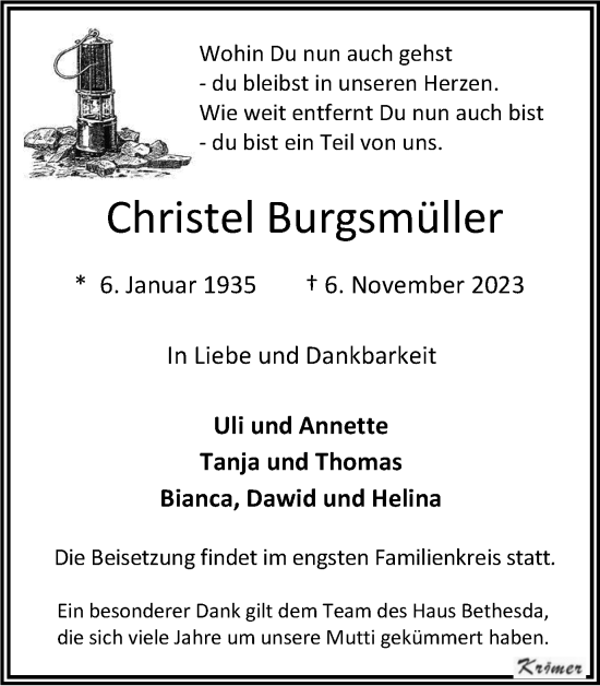 Traueranzeige von Christel Burgsmüller von Tageszeitung