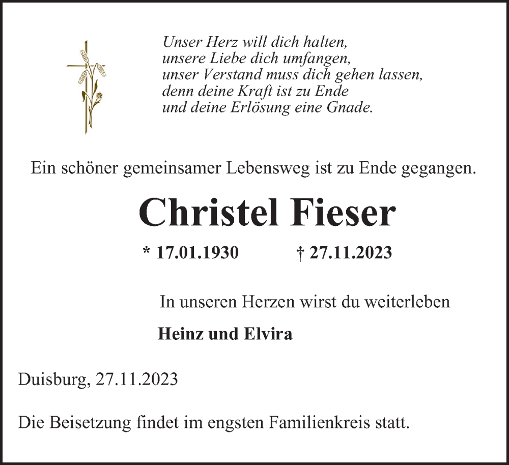  Traueranzeige für Christel Fieser vom 29.11.2023 aus Tageszeitung