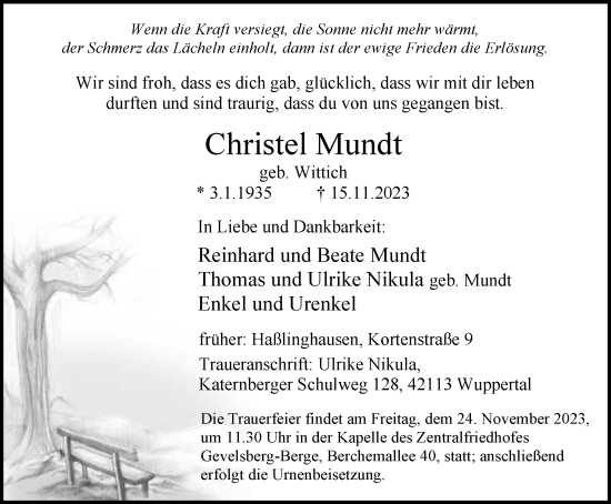 Traueranzeige von Christel Mundt von Tageszeitung