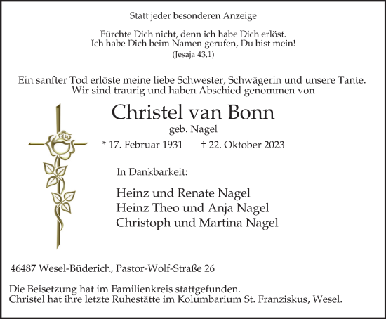 Traueranzeige von Christel van Bonn von Tageszeitung