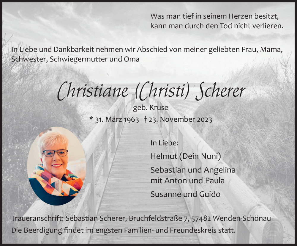  Traueranzeige für Christiane Scherer vom 29.11.2023 aus Tageszeitung