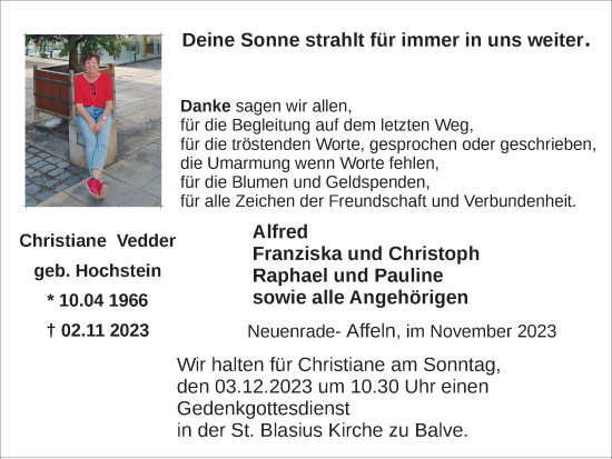 Traueranzeige von Christiane Vedder von Tageszeitung