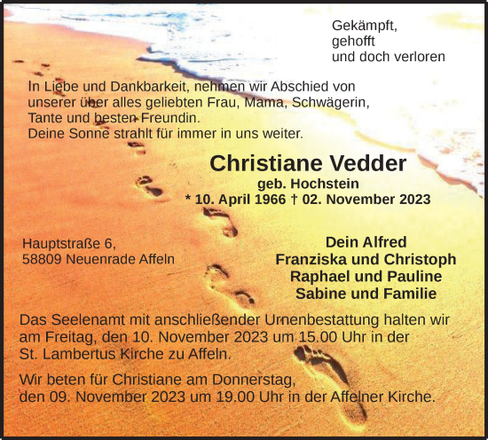 Traueranzeige von Christiane Vedder von Tageszeitung