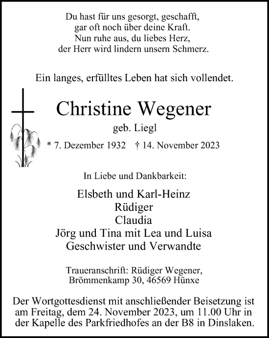 Traueranzeige von Christine Wegener von Tageszeitung