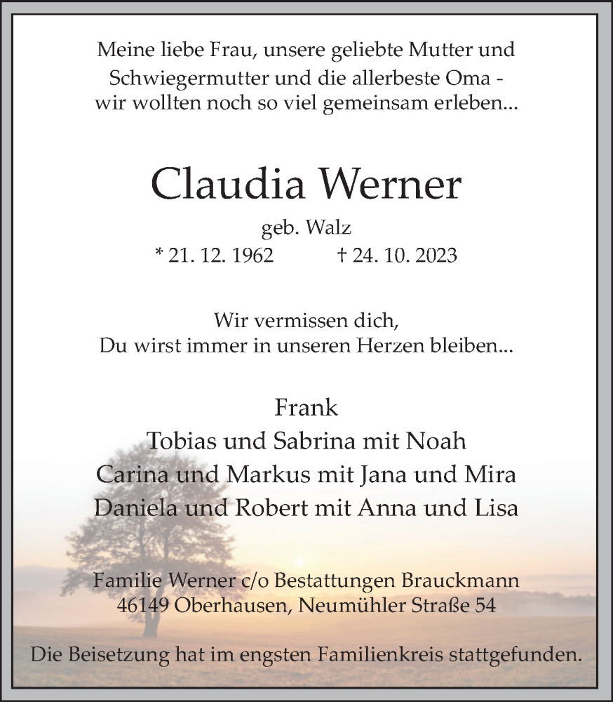  Traueranzeige für Claudia Werner vom 18.11.2023 aus Tageszeitung