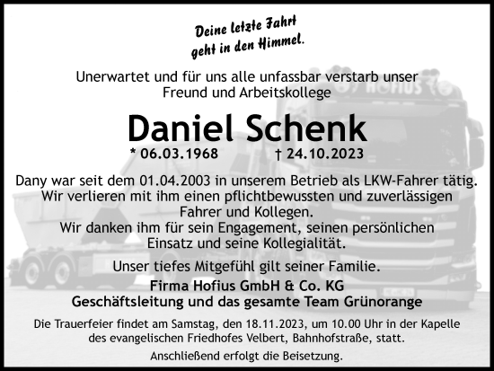 Traueranzeige von Daniel Schenk von Tageszeitung