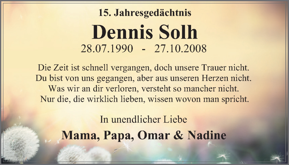  Traueranzeige für Dennis Solh vom 04.11.2023 aus Tageszeitung