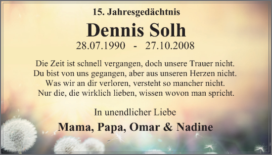 Traueranzeige von Dennis Solh von Tageszeitung