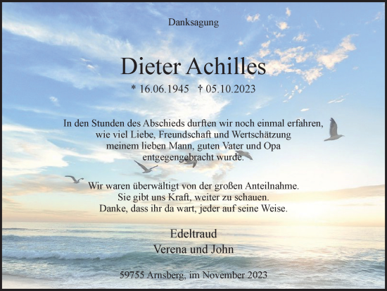 Traueranzeige von Dieter Achilles von Tageszeitung
