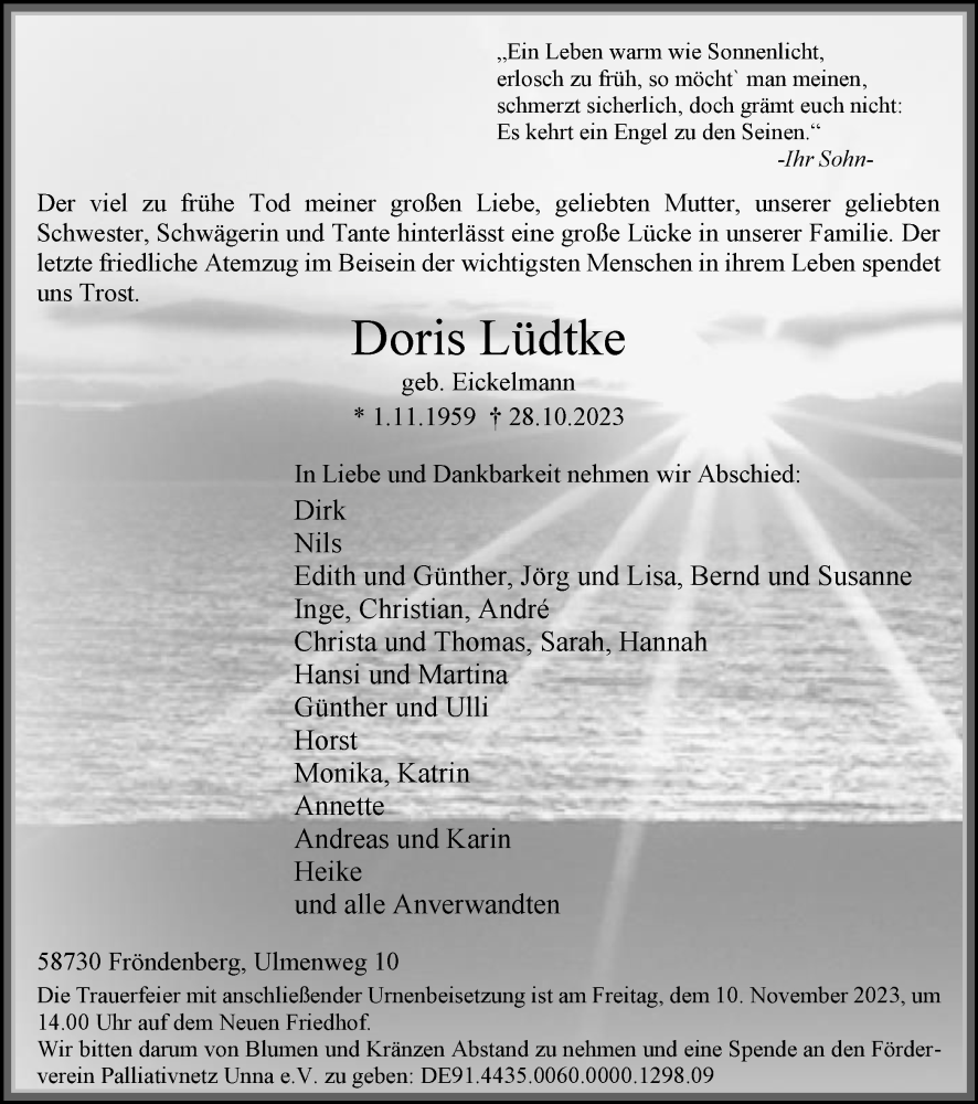  Traueranzeige für Doris Lüdtke vom 04.11.2023 aus Tageszeitung